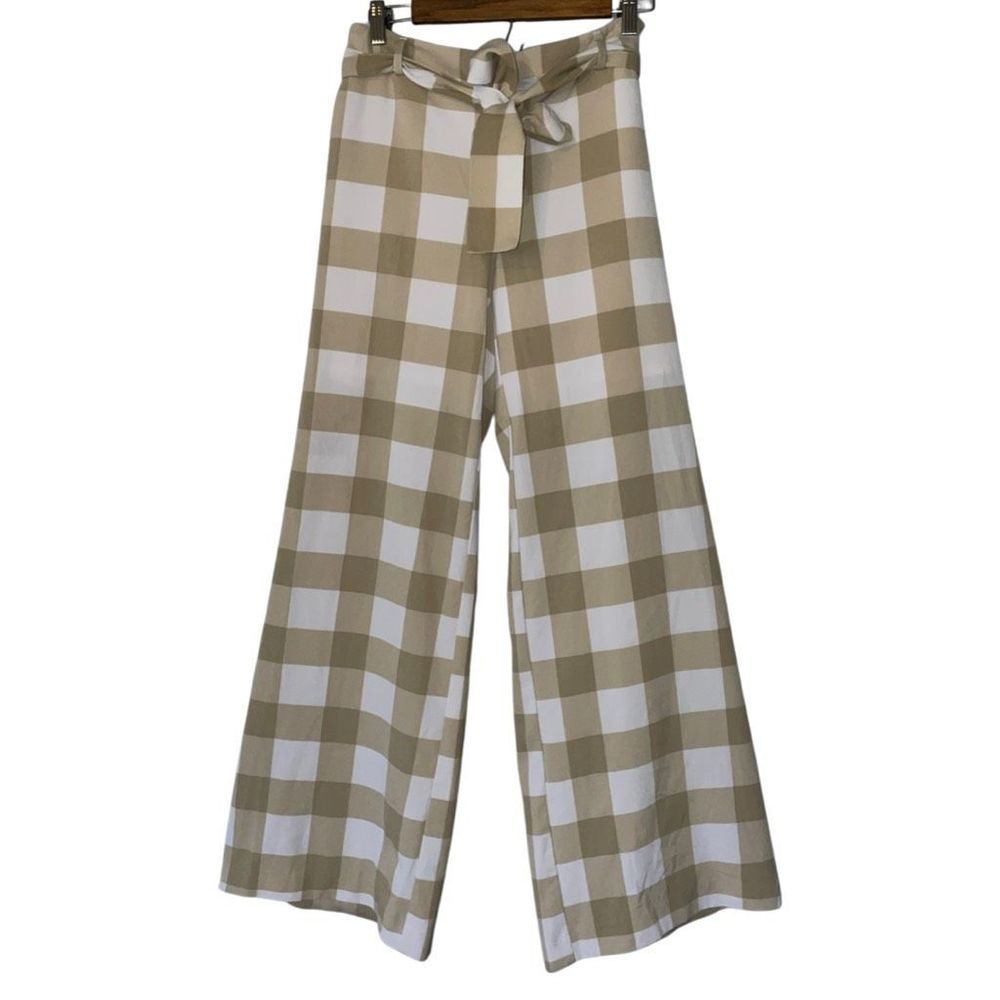 New York Company Plaid Tie Waist Wide Leg Pant EUC SMALL gingham tan high waist
